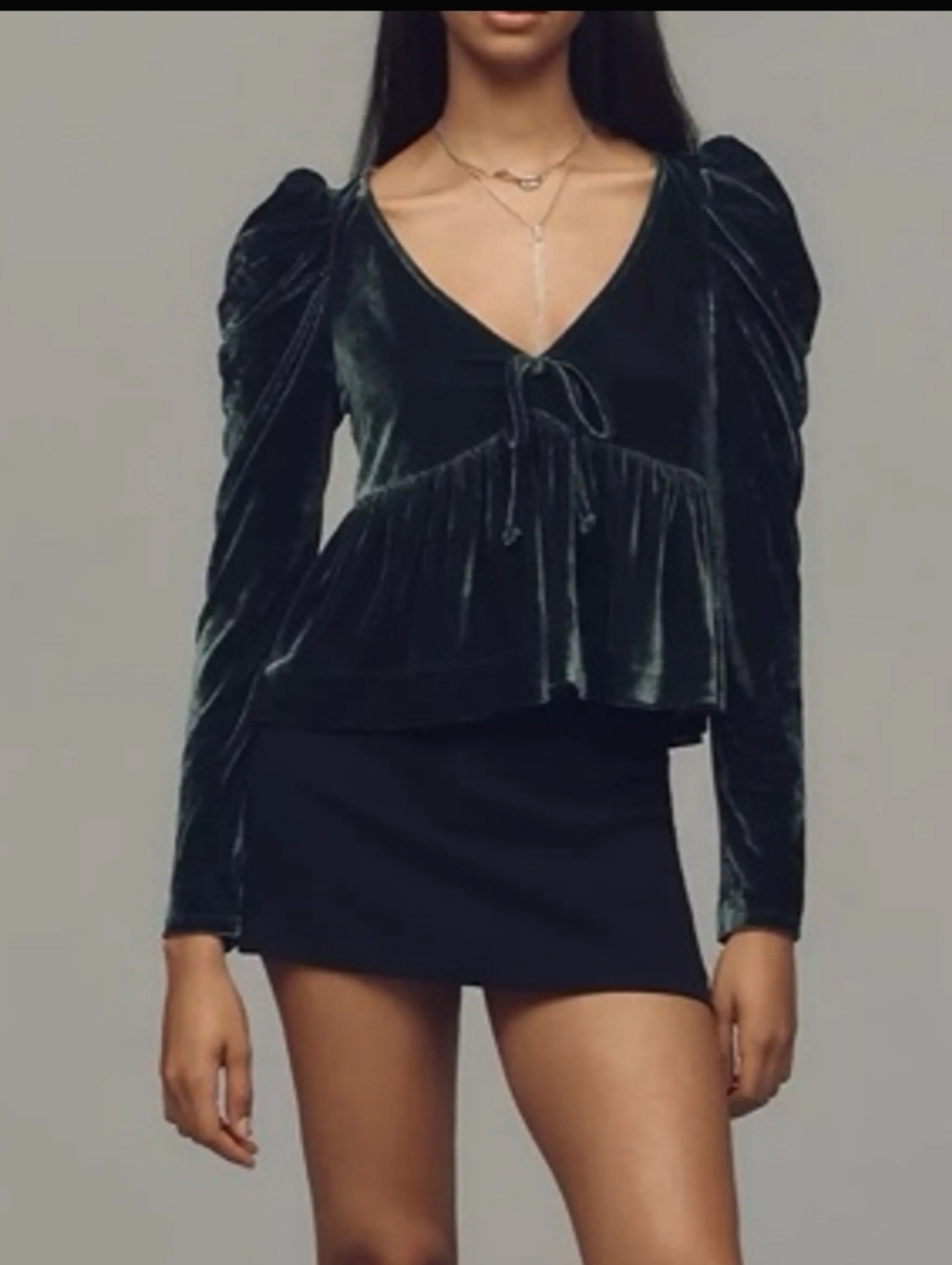 Maeve Anthropologie Velvet Babydoll Puff Sleeve Sweetheart Green Top Size Large